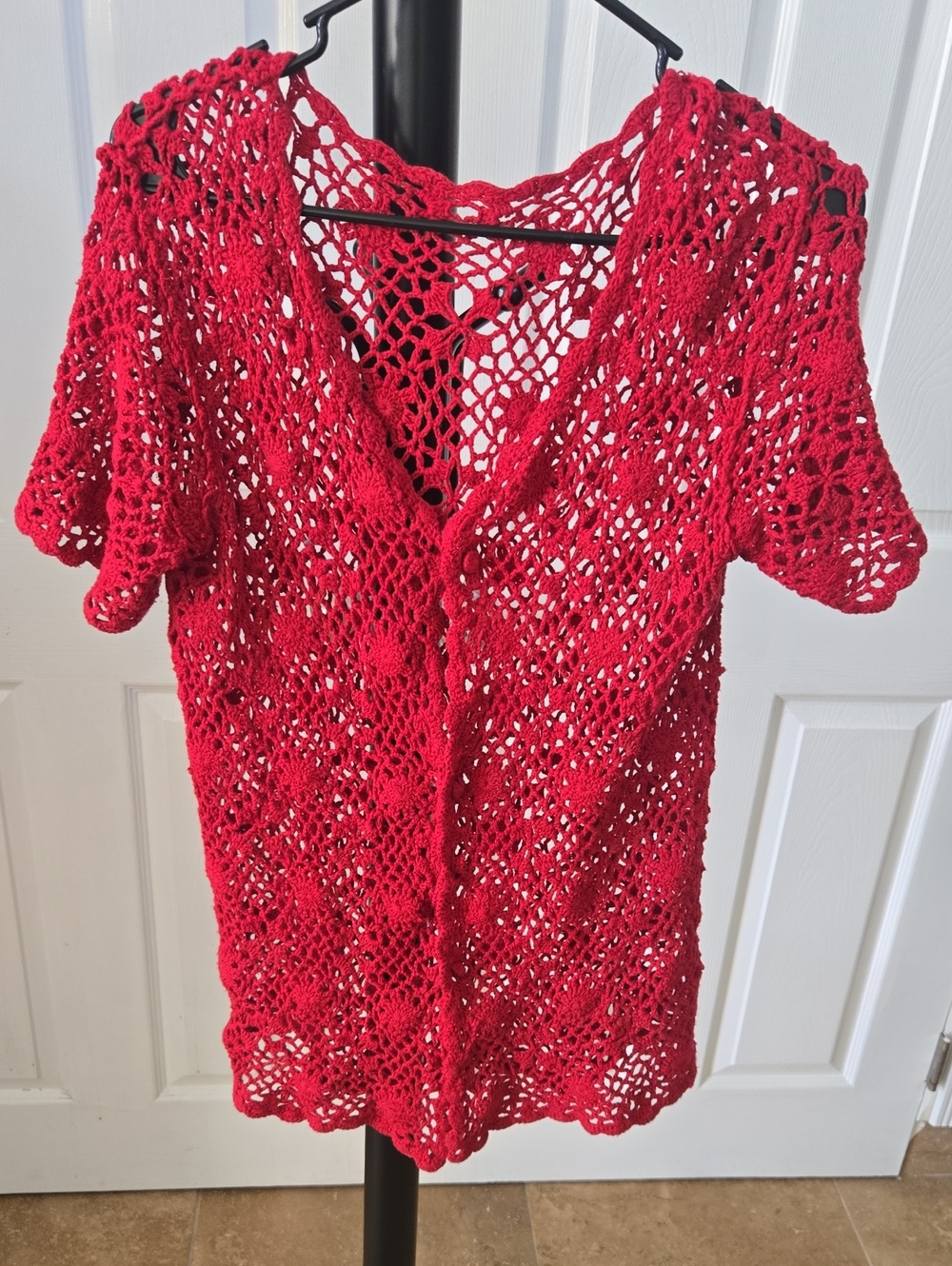Red Crochet Openwork Short Sleeve Top